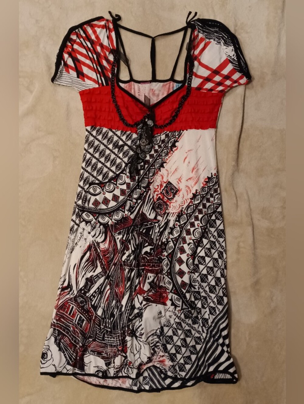 Save The Queen Red, Black & White Printed Short Dress With Beading Accoutrements